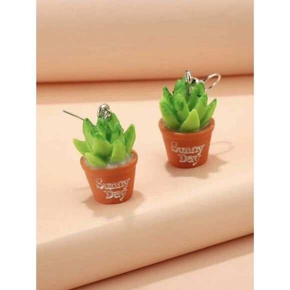 Aloe Potted Plant Dangle Earrings - Picture 2 of 4
